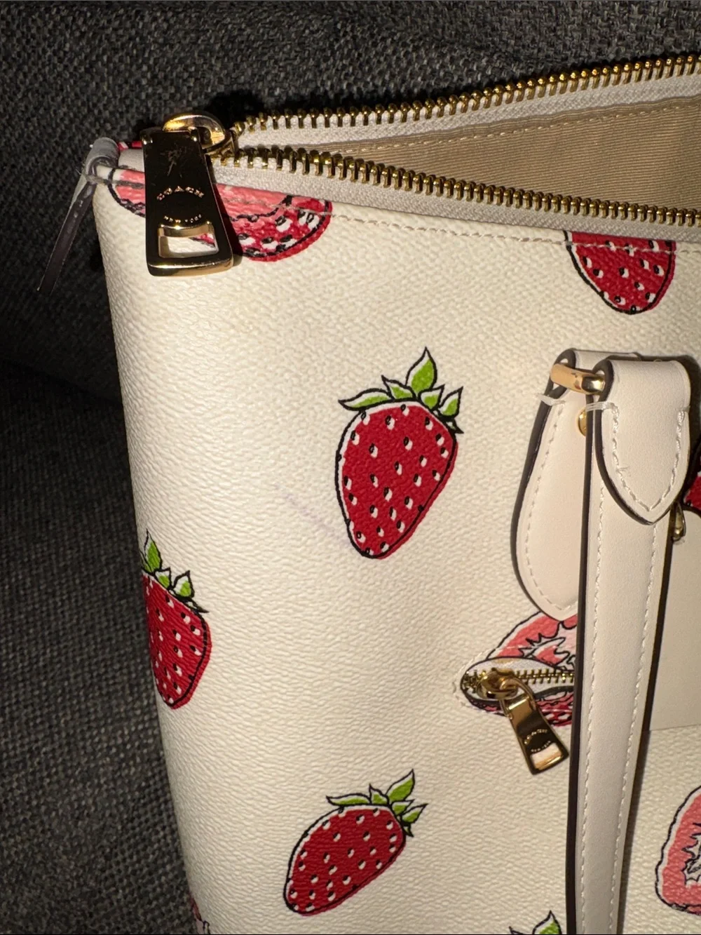 Coach Cream Tote with Red Strawberry Print